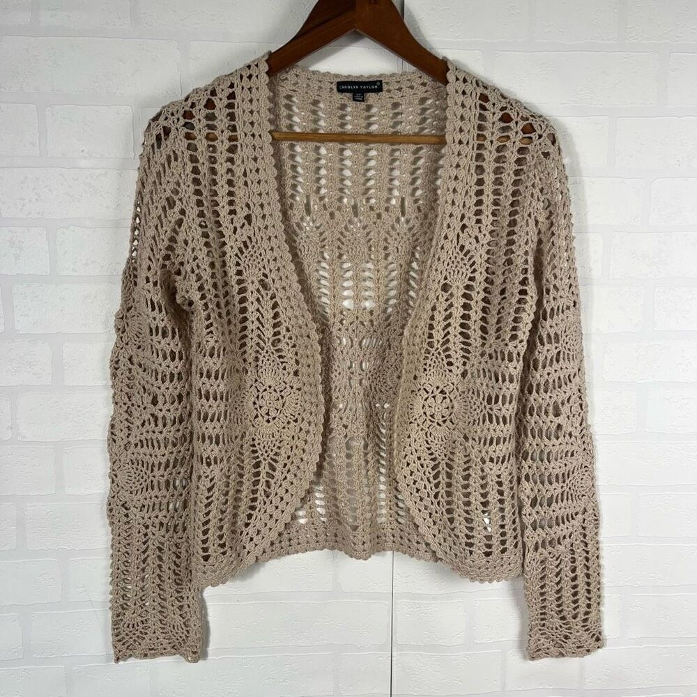 Vintage Carolyn Taylor  Womens Crochet Cardigan Size Small Cream Cotton